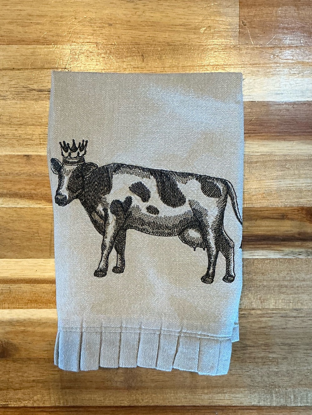 Tea Towel - Embroidered Cow Neutral Beige Linen
